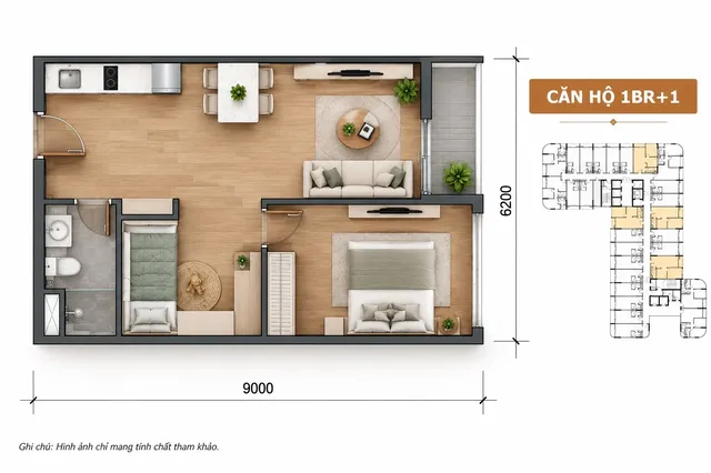 Layout căn 1PN+ (1BR+1) Sun Saphia Residence (minh họa)