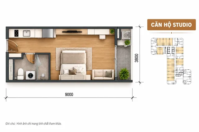 Layout căn Studio Sun Saphia Residence (minh họa)